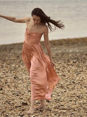 Doen Ambrosia Shirred Silk Dress in Papaya Color